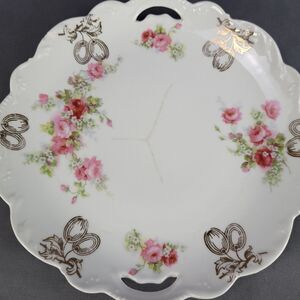 Gold Olive Pink Rose Finger hole plate cracked 9.25" Diam